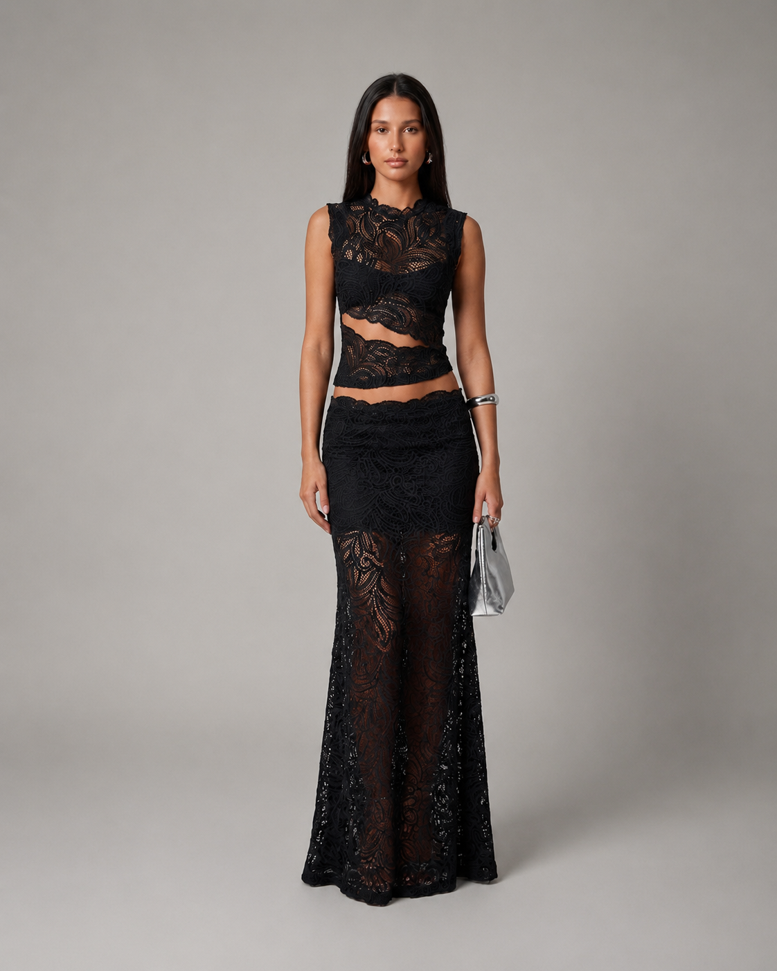 Kalani | Sleeveless Floral Lace Crop Top and Maxi Skirt Set