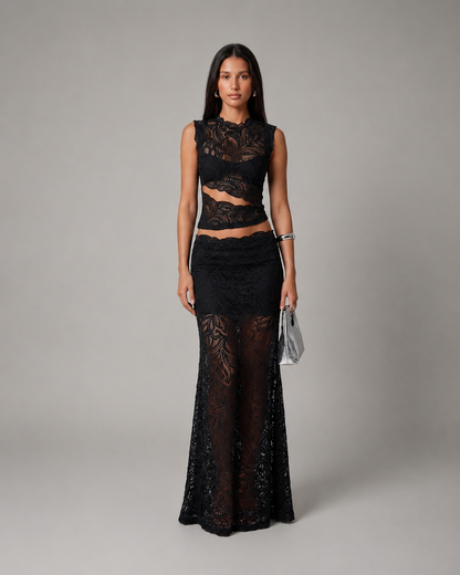 Kalani | Sleeveless Floral Lace Crop Top and Maxi Skirt Set