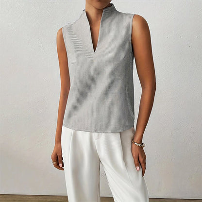 Camila | Sleeveless Striped V-Neck Blouse Stand Collar