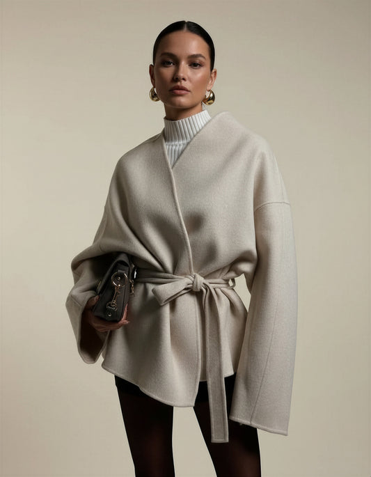 Odette | Women's Elegant Tie Waist Beige Tailored Coat