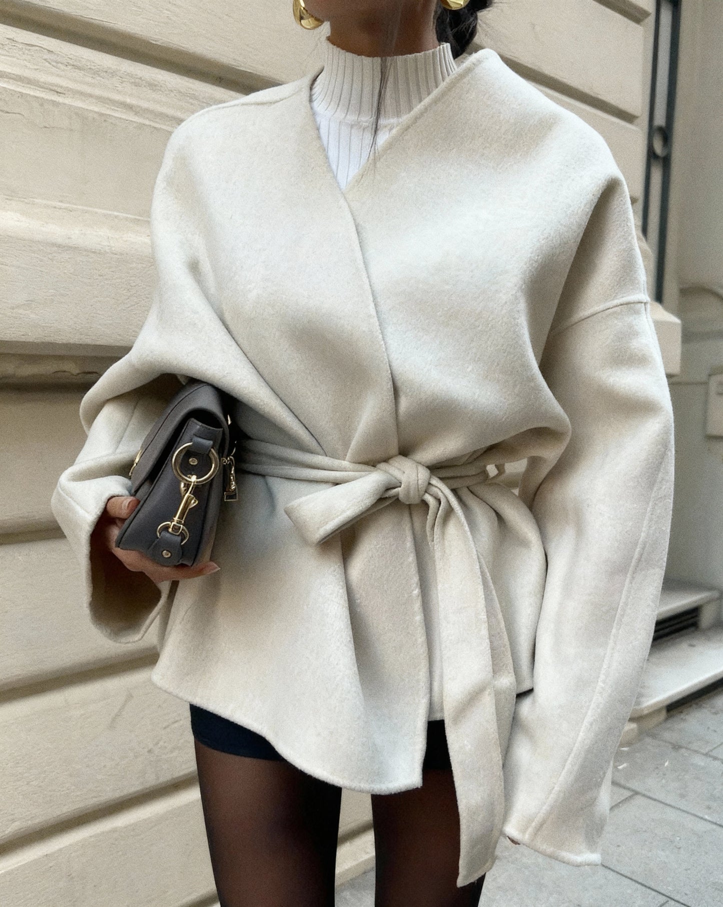 Odette | Women's Elegant Tie Waist Beige Tailored Coat
