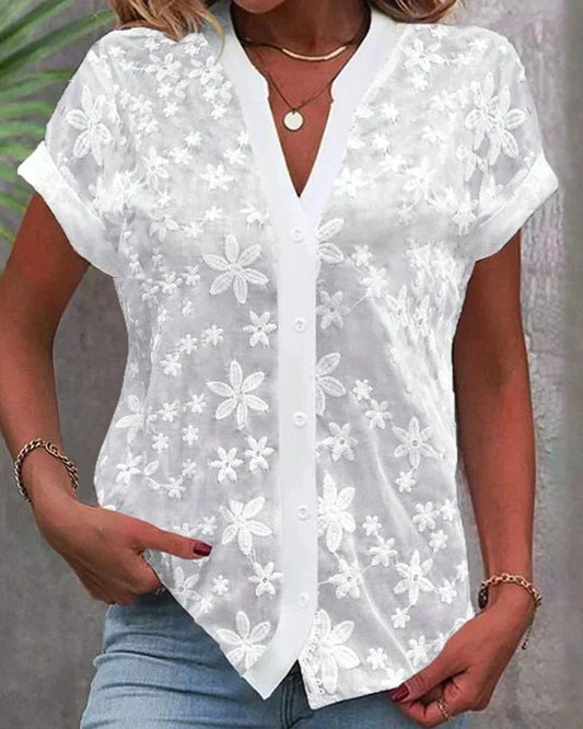 Arduina | Women's V-Neck Cuffed Floral Blouse