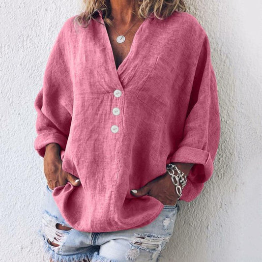 Annida | Women's Breathable Linen Oversized V-Neck Work Blouse
