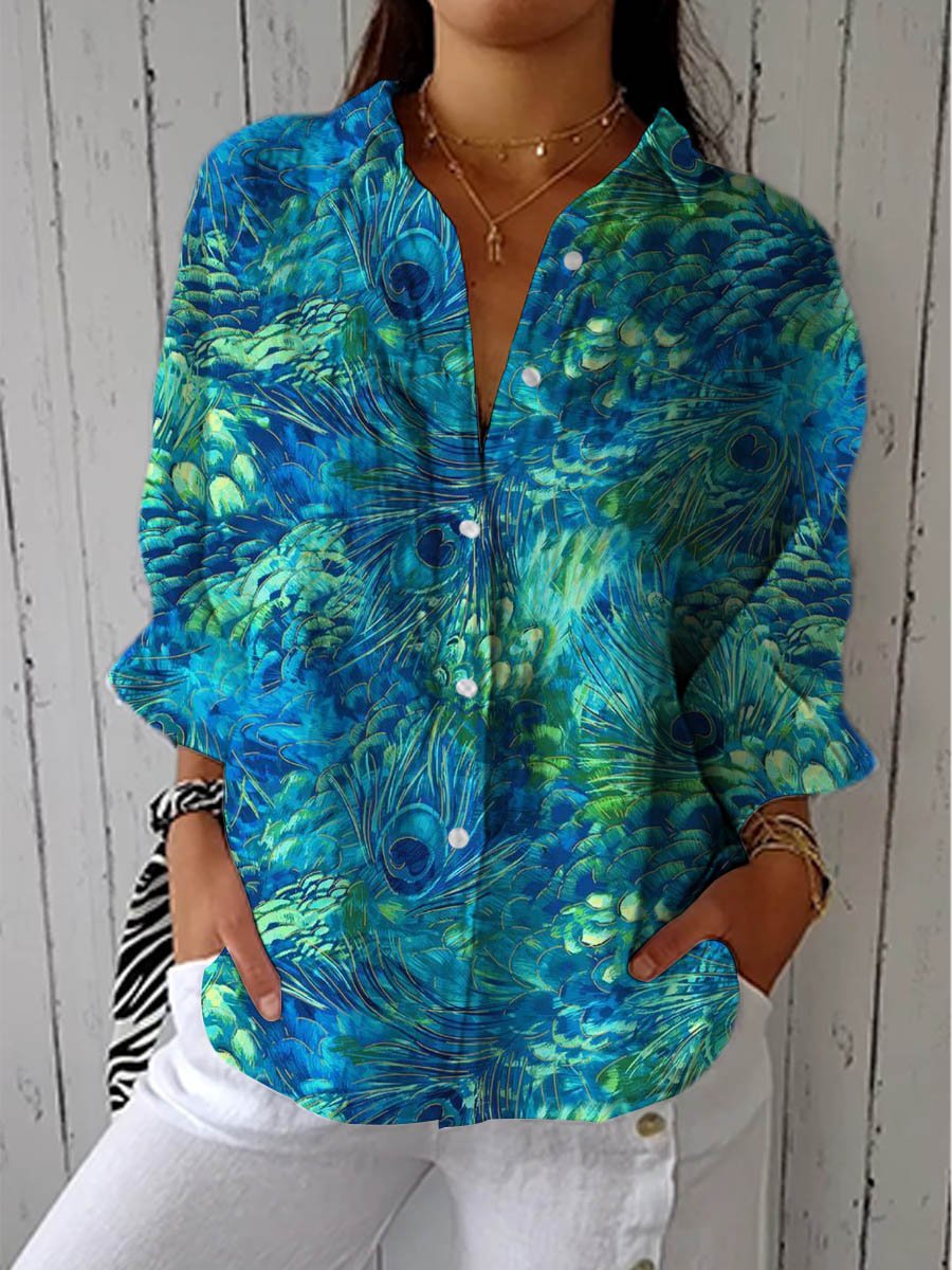 Penelope | Women's Peacock Print Button-Up Blouse V-Neck Long Sleeve