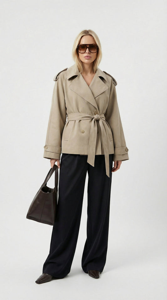 Harriet | Women's Short Belted Khaki Trench Coat