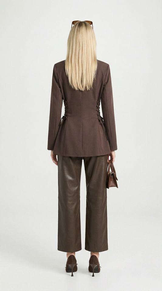 Giselle | Women's Side Lace-Up Tailored Brown Blazer