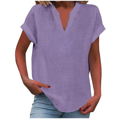 Mia | Women's V-Neck Blouse Relaxed Fit Short Sleeve