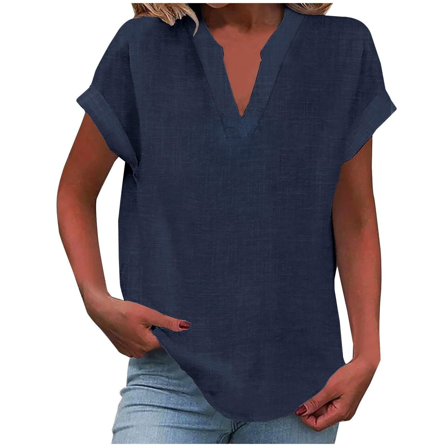 Mia | Women's V-Neck Blouse Relaxed Fit Short Sleeve