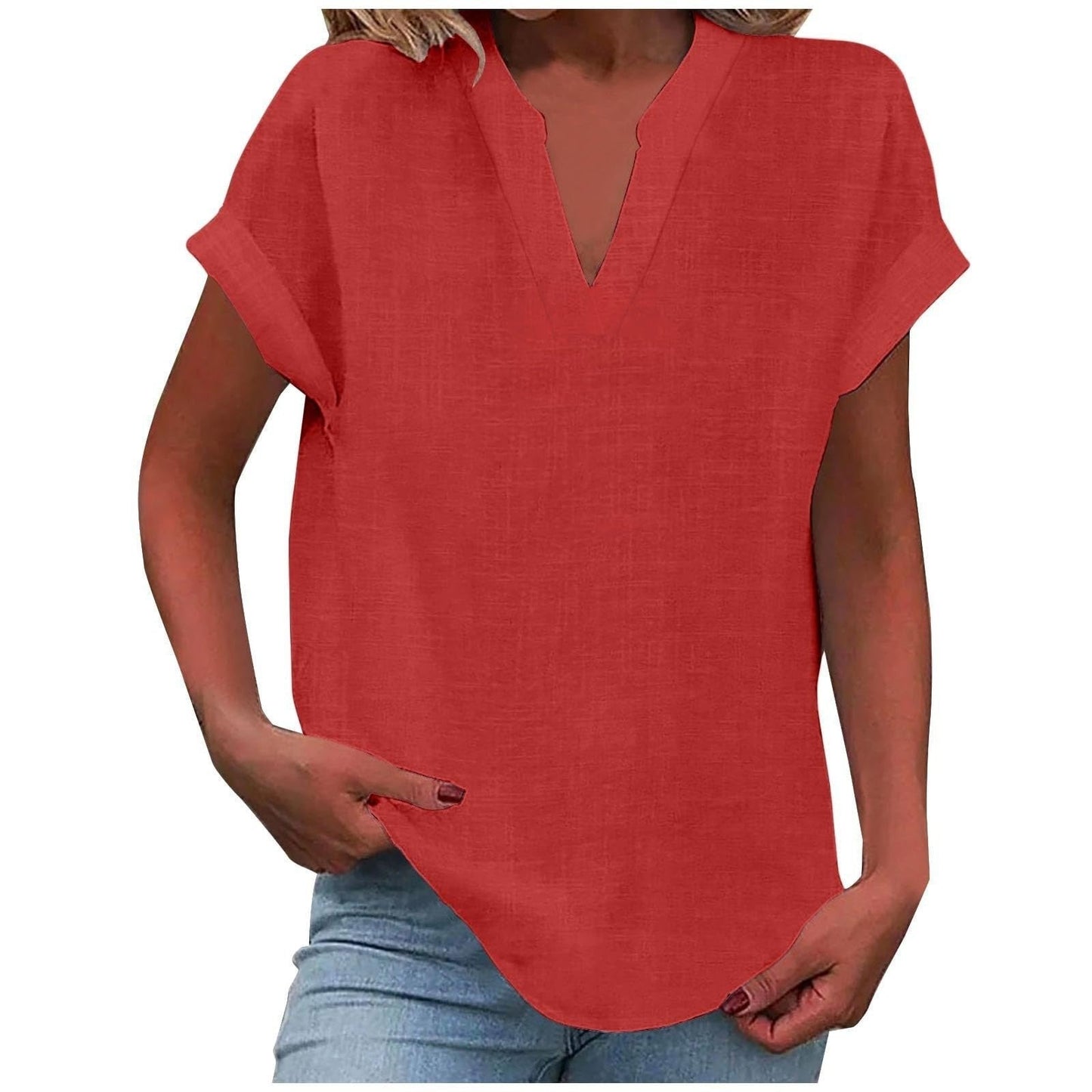 Mia | Women's V-Neck Blouse Relaxed Fit Short Sleeve
