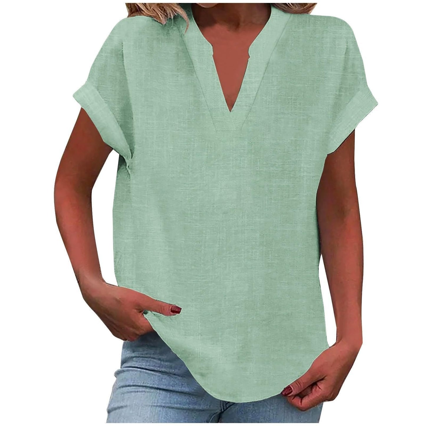 Mia | Women's V-Neck Blouse Relaxed Fit Short Sleeve