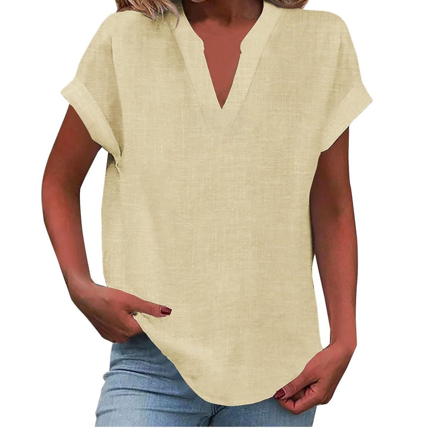 Mia | Women's V-Neck Blouse Relaxed Fit Short Sleeve