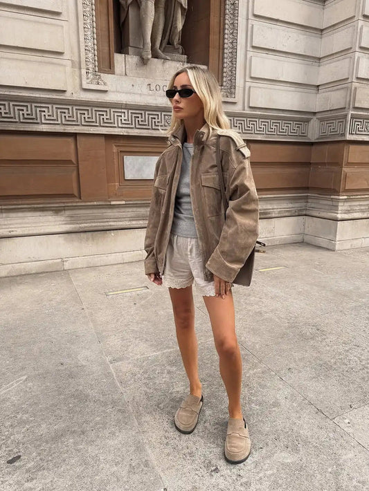 Noelle | Women's Vintage Street Style Khaki Bomber Jacket