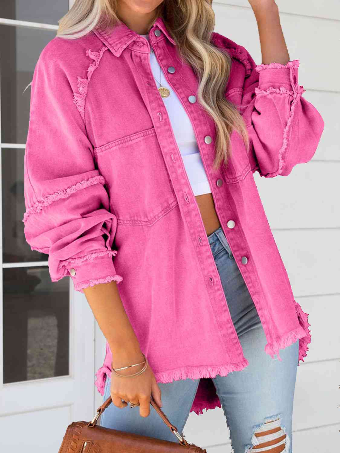 Button Down Raw Hem Denim Jacket Jackets Trendsi Fuchsia Pink S 