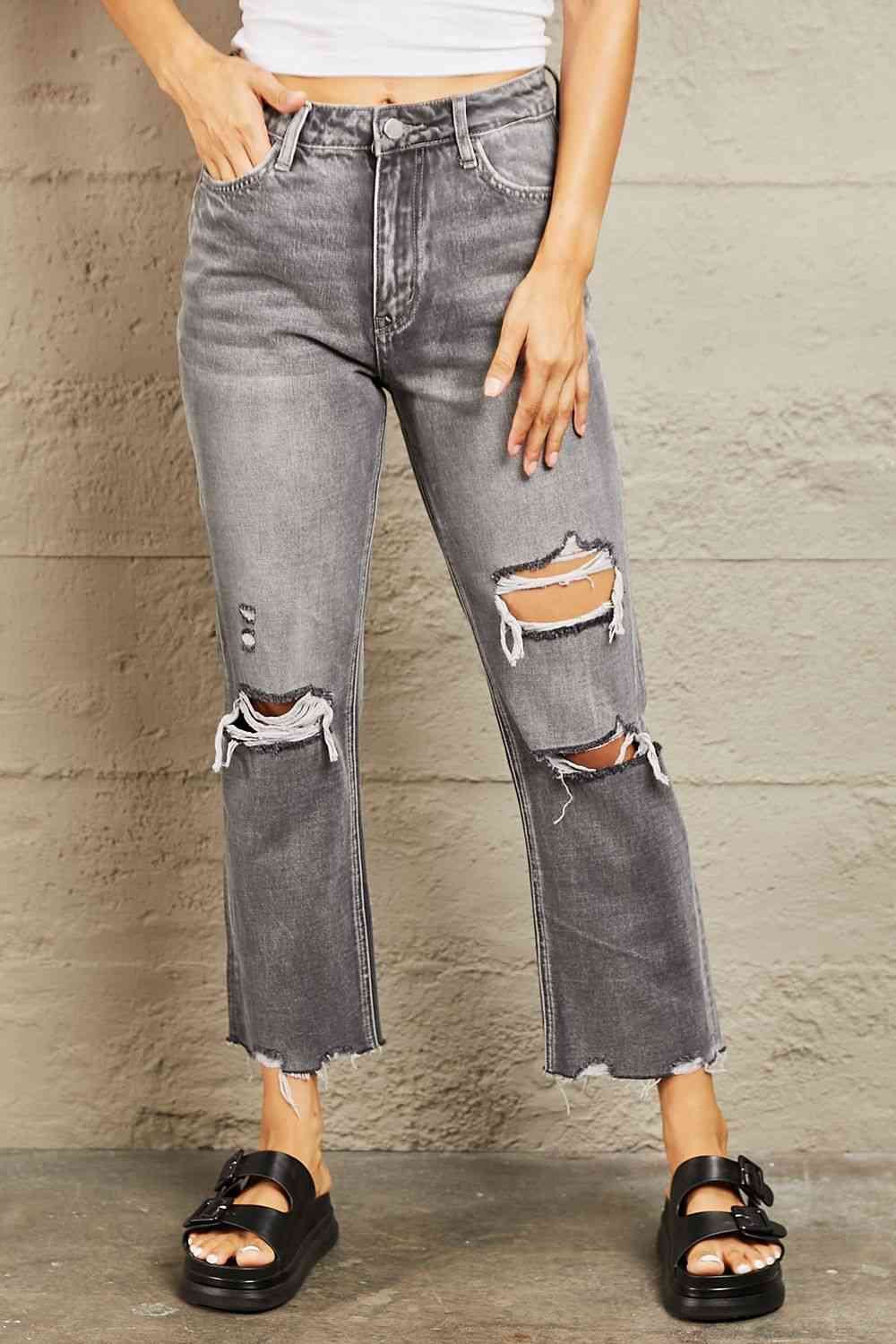 BAYEAS Mid Rise Distressed Cropped Dad Jeans Jeans Trendsi Heather Gray 24 