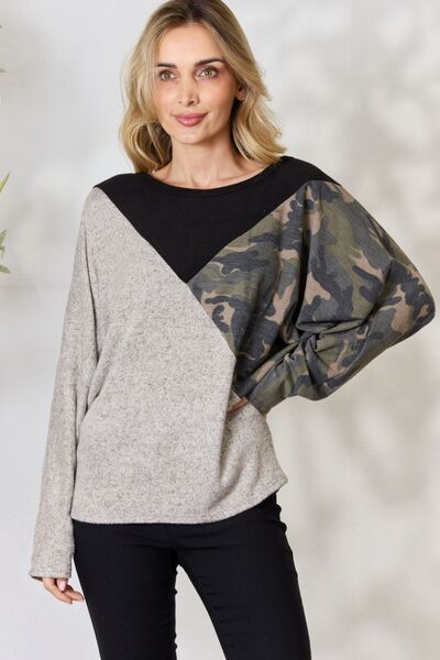 BiBi Brushed Hacci Color Block Long Sleeve Top Long Sleeve Tops Trendsi Taupe S 