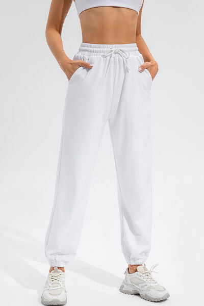 Drawstring Active Pants with Pockets Pants Trendsi White S 