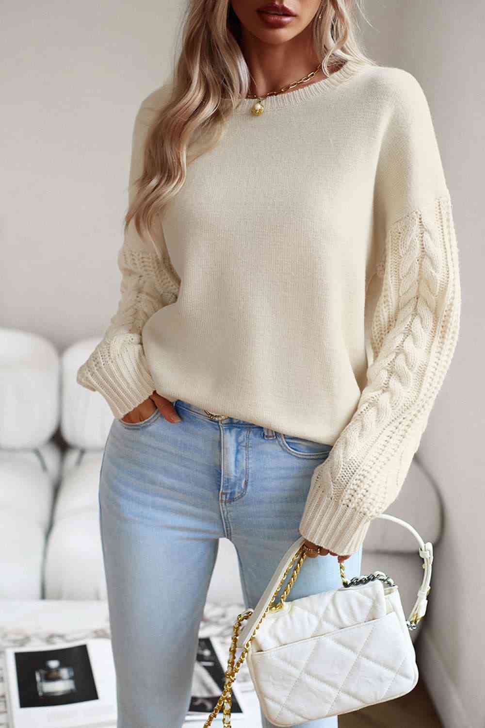Cable-Knit Round Neck Drop Shoulder Sweater Sweaters Trendsi Cream S 