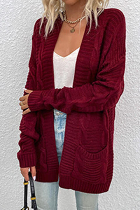 Cable-Knit Open Front Cardigan with Pockets Cardigans Trendsi Deep Red S 