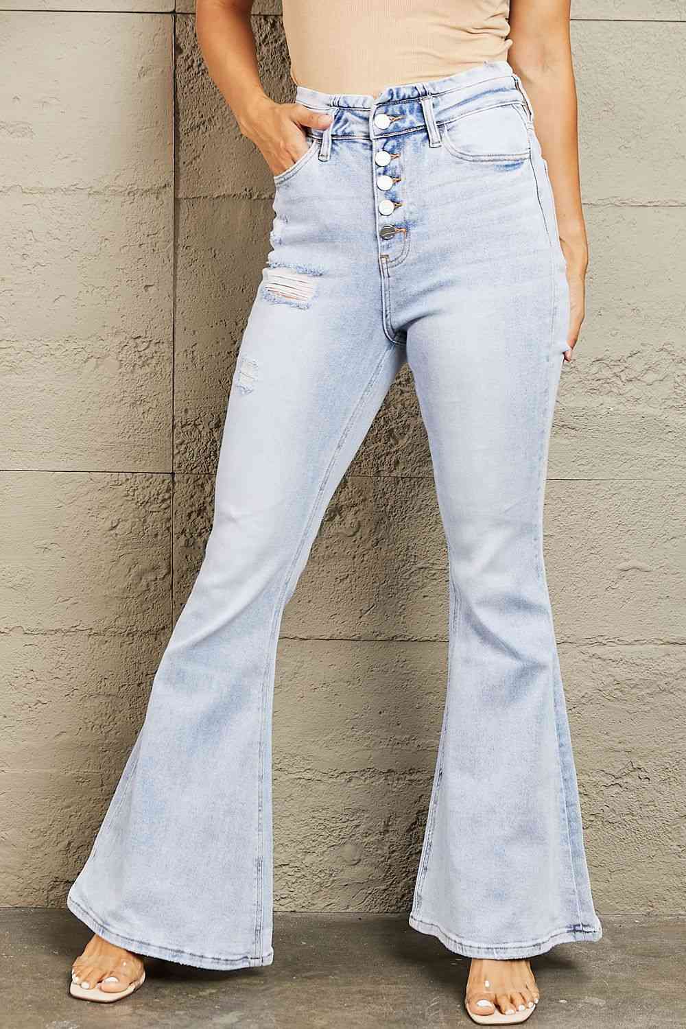 BAYEAS High Waisted Button Fly Flare Jeans Jeans Trendsi Light 22 
