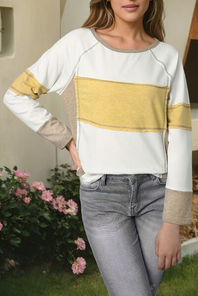 Contrast Stitching Color Block Long Sleeve T-Shirt T Shirts Trendsi True Yellow S 