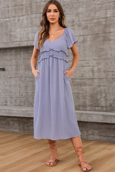 Frill Trim Short Sleeve Dress with Pockets Maxi Dresses Trendsi Lilac S 