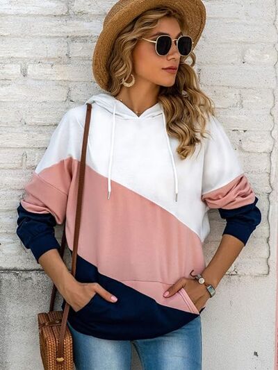 Color Block Drawstring Pocketed Hoodie Sweatshirts & Hoodies Trendsi Multicolor S 