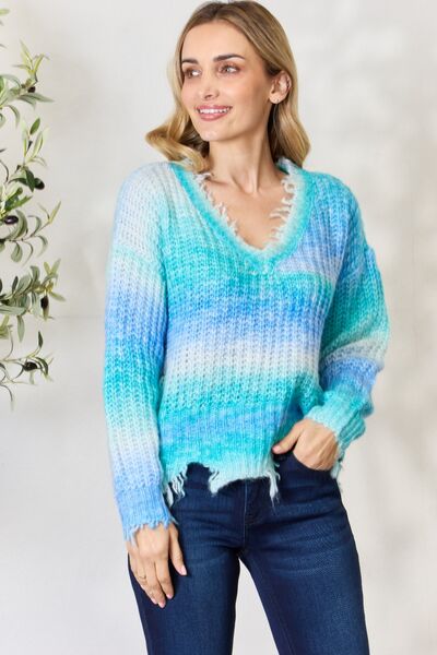 BiBi Tie Dye Frayed Hem Sweater Sweaters Trendsi Aqua Blue Multi S 