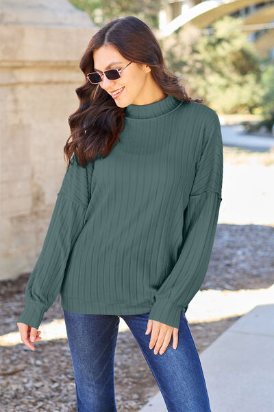 Basic Bae Full Size Ribbed Exposed Seam Mock Neck Knit Top Long Sleeve Tops Trendsi Teal S 