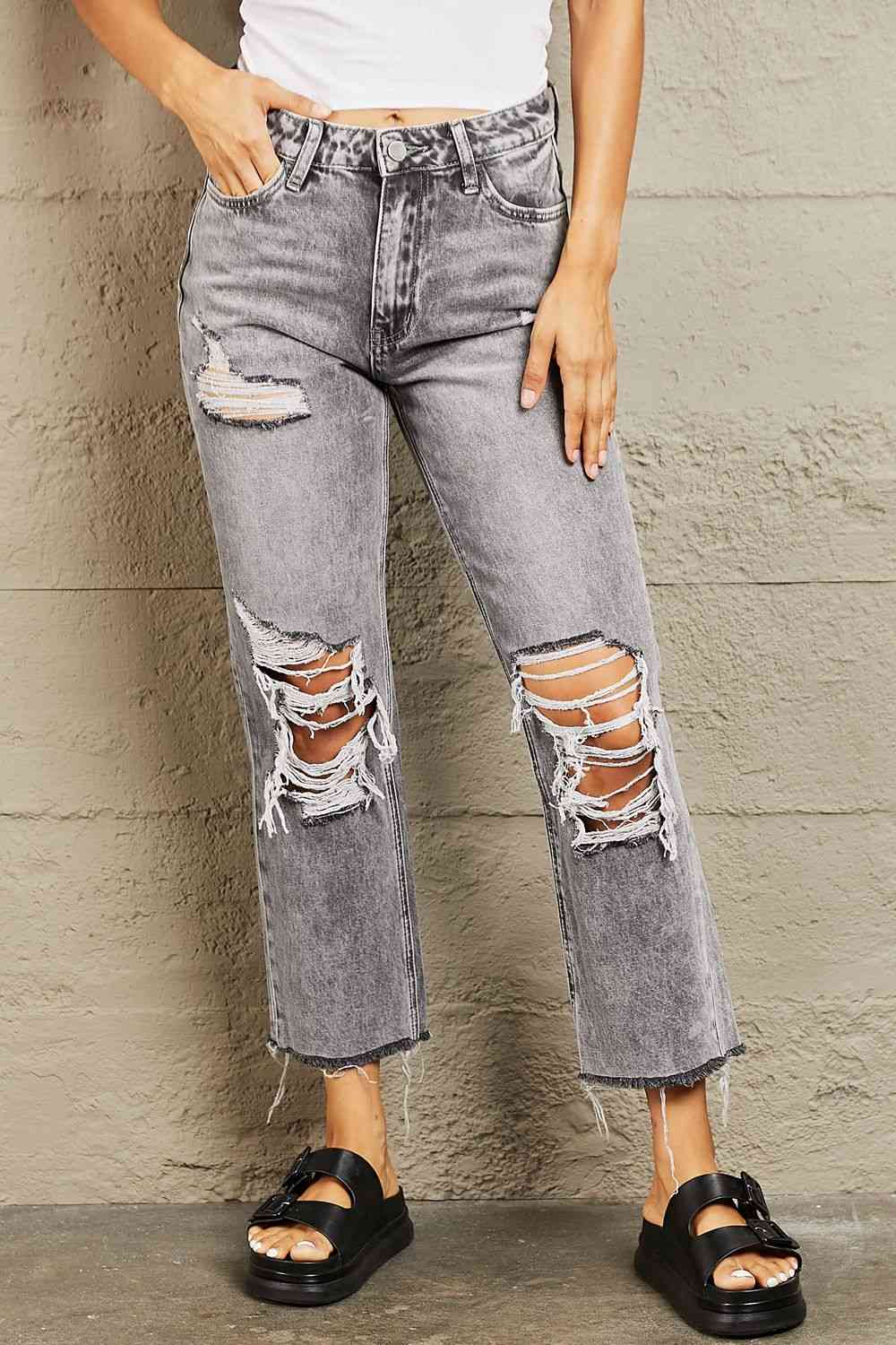 BAYEAS Acid Wash Distressed Cropped Straight Jeans Jeans Trendsi Heather Gray 24 