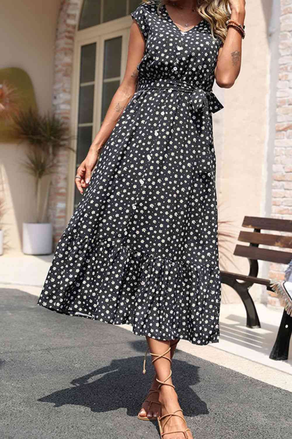 Floral Tie-Waist Ruffle Hem Dress Maxi Dresses Trendsi Black S 
