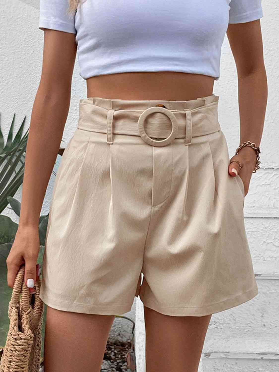 Belted Shorts with Pockets Shorts Trendsi Cream S 