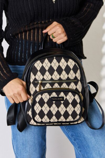 David Jones Argyle Pattern PU Leather Backpack Backpacks Trendsi Black One Size 
