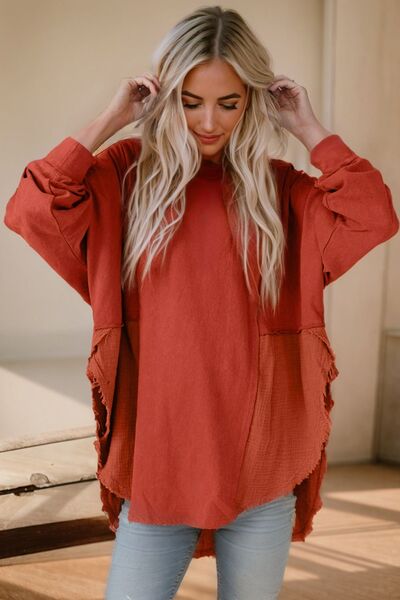 Contrast Texture Round Neck Long Sleeve Blouse Long Sleeve Tops Trendsi Red Orange S 