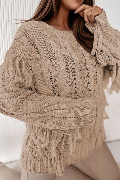 Cable-Knit Fringe Round Neck Sweater Sweaters Trendsi Camel S 
