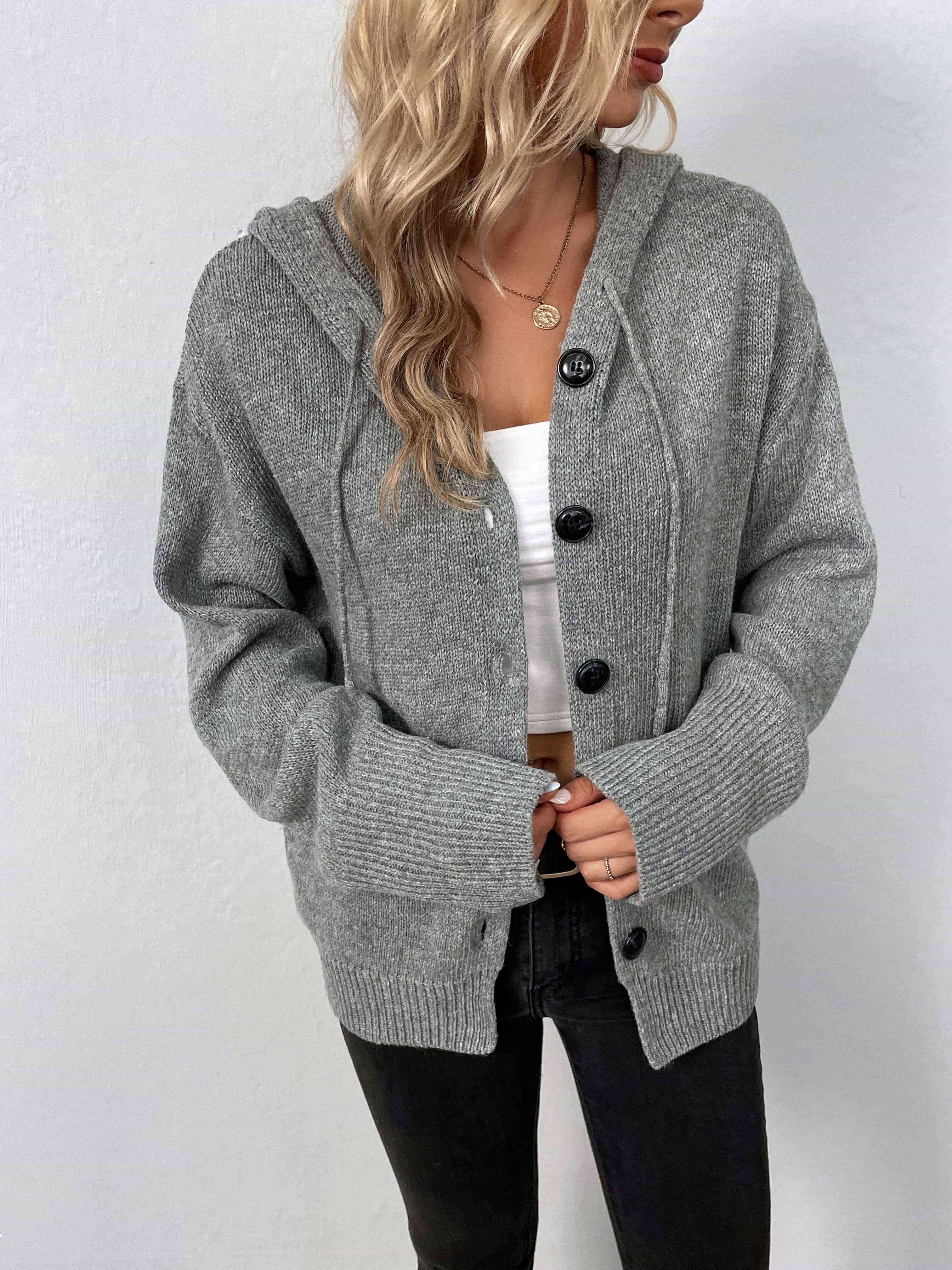 Button-Down Long Sleeve Hooded Sweater Sweaters Trendsi Heather Gray S 