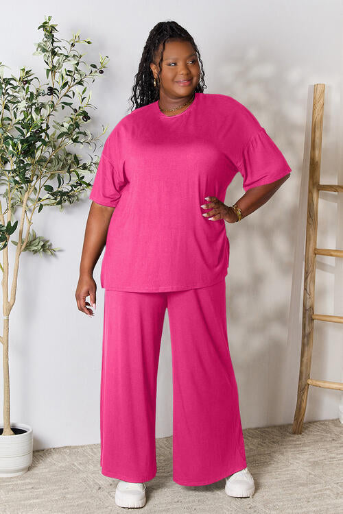 Double Take Full Size Round Neck Slit Top and Pants Set Pants Trendsi Hot Pink S 