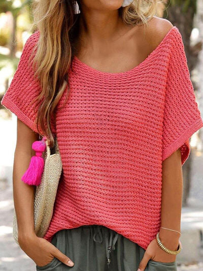 Boat Neck Short Sleeve Sweater Sweaters Trendsi Strawberry S 