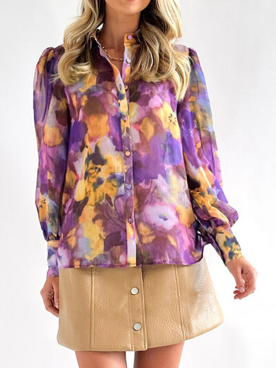 Floral Button Up Collared Neck Shirt Shirts & Blouses Trendsi Dusty Purple S 
