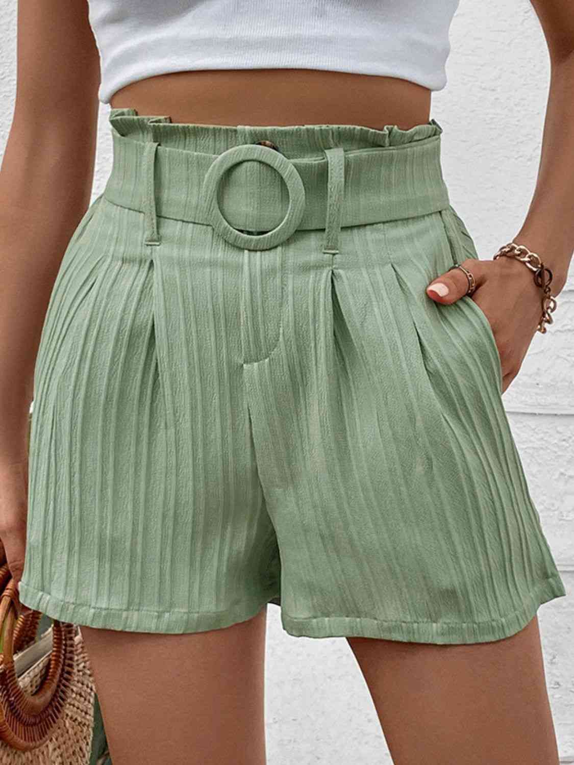 Belted Shorts with Pockets Shorts Trendsi Gum Leaf S 