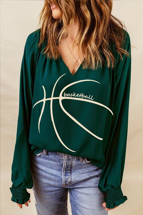 BASKETBALL Round Neck Smocked Long Sleeve Top Long Sleeve Tops Trendsi Green S 